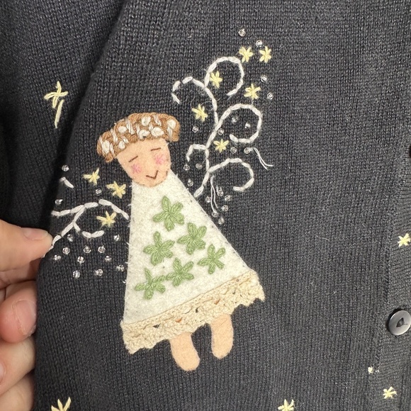 Vintage Appleseeds Black Angel Festive Holiday Cherub Button Up Cardigan Sz XL - Picture 2 of 7